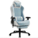 Xstriker Velvet Gaming Chair with Footrest in light blue and white, featuring ergonomic design, adjustable armrests, and reclining backrest.