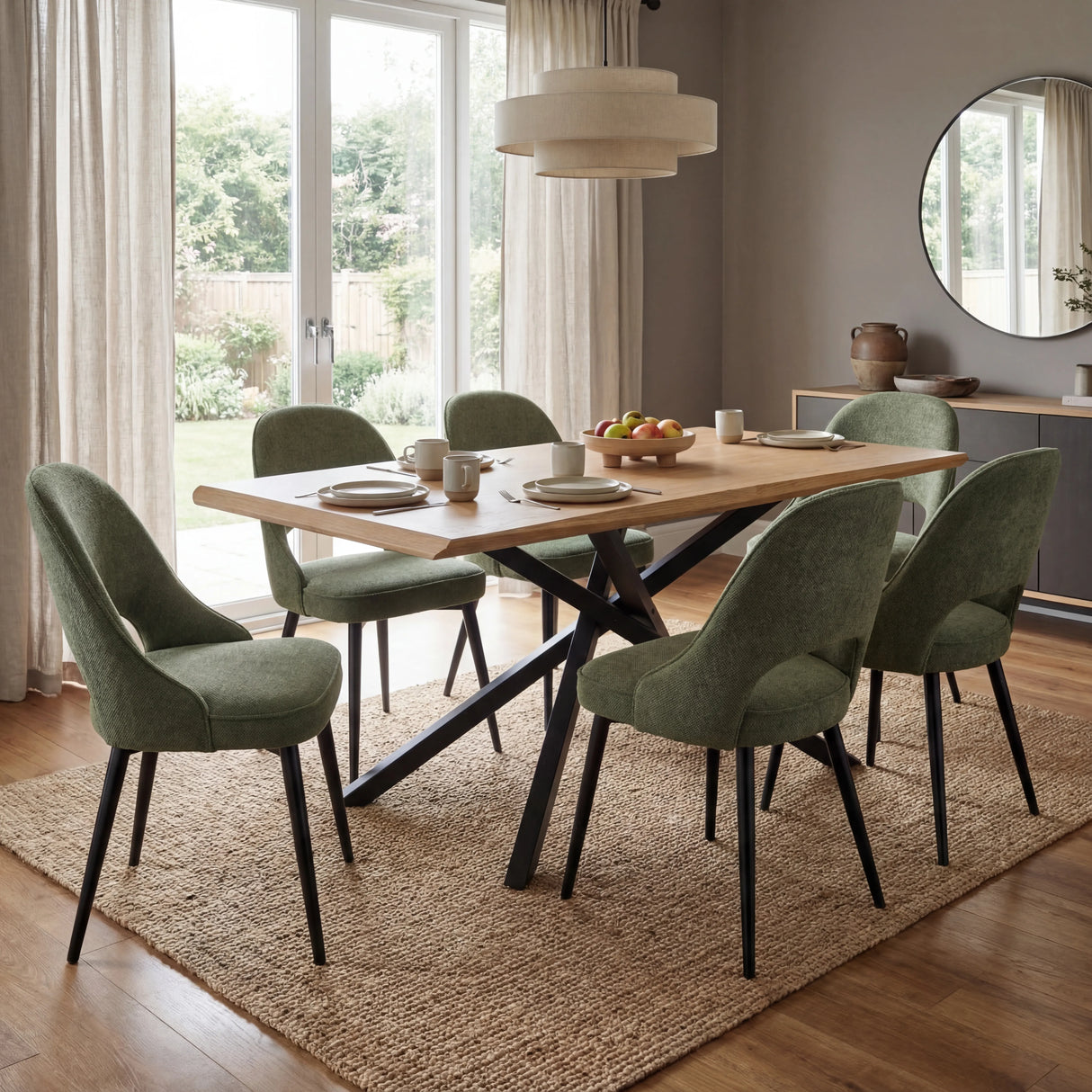A modern dining room with rectangular dining table featuring 6 green chairs with black metal legs and neutral decor