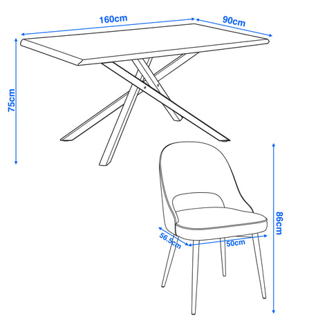 Drawing of Xylon dining room table and chair dimensions, table size 160x90cm, chair height 87cm.