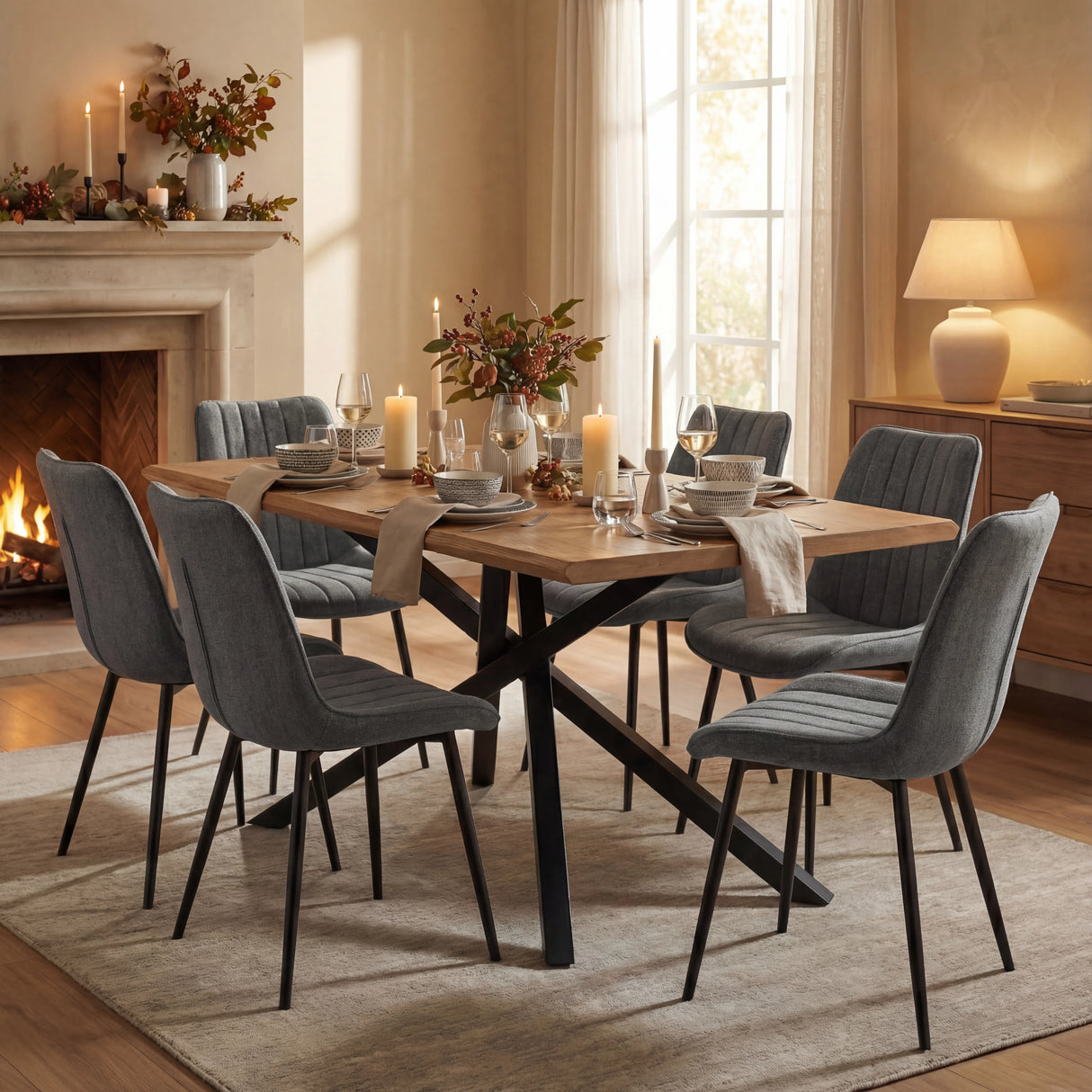 Xylon dining table set with 6 grey chairs, decorated with candles and wine glasses, perfect festive meals.