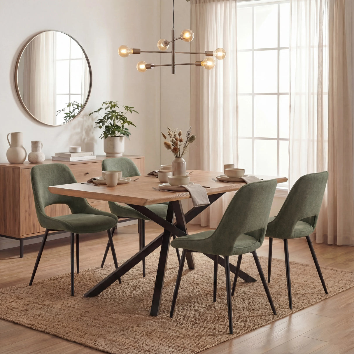 Stylish Xylon dining table set with green chairs, illuminated by a contemporary chandelier.