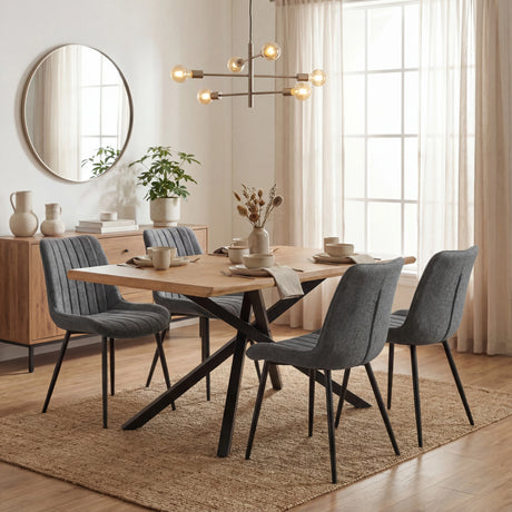 Xylon oak finish dining table with grey striped chairs and contemporary chandelier, in a modern dining spaces.
