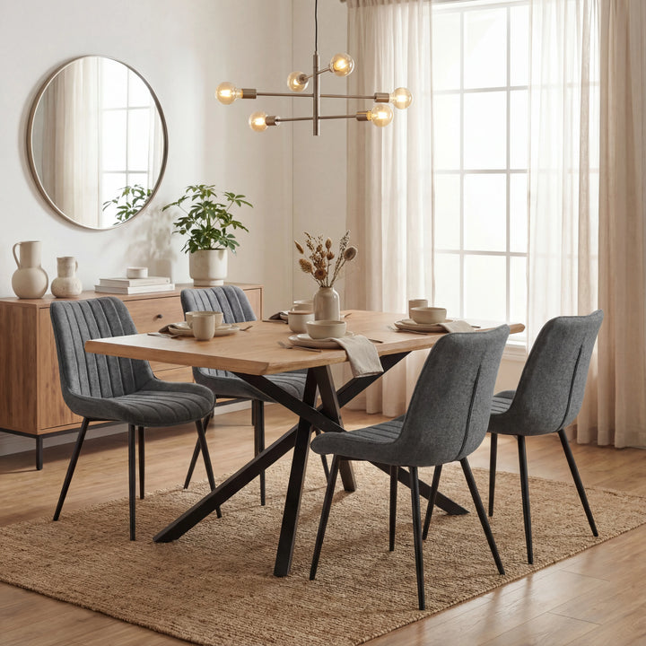 [4 Seater | Grey] Xylon dining set, grey upholstered chairs around oak top, brass chandelier and round mirror in beige room