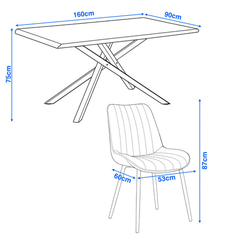 Dimensions of Xylon dining table (160x90 cm) and chair (60x53 cm), ideal for modern dining spaces.