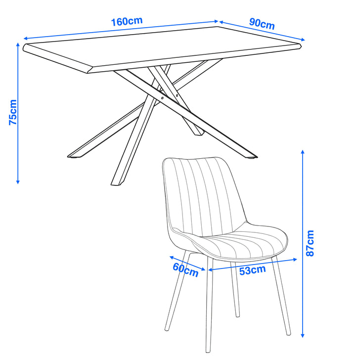 [6 Seater | Grey] Xylon dining specs: table 160 x 90 x 75 cm; grey chair 60 x 53 x 87 cm