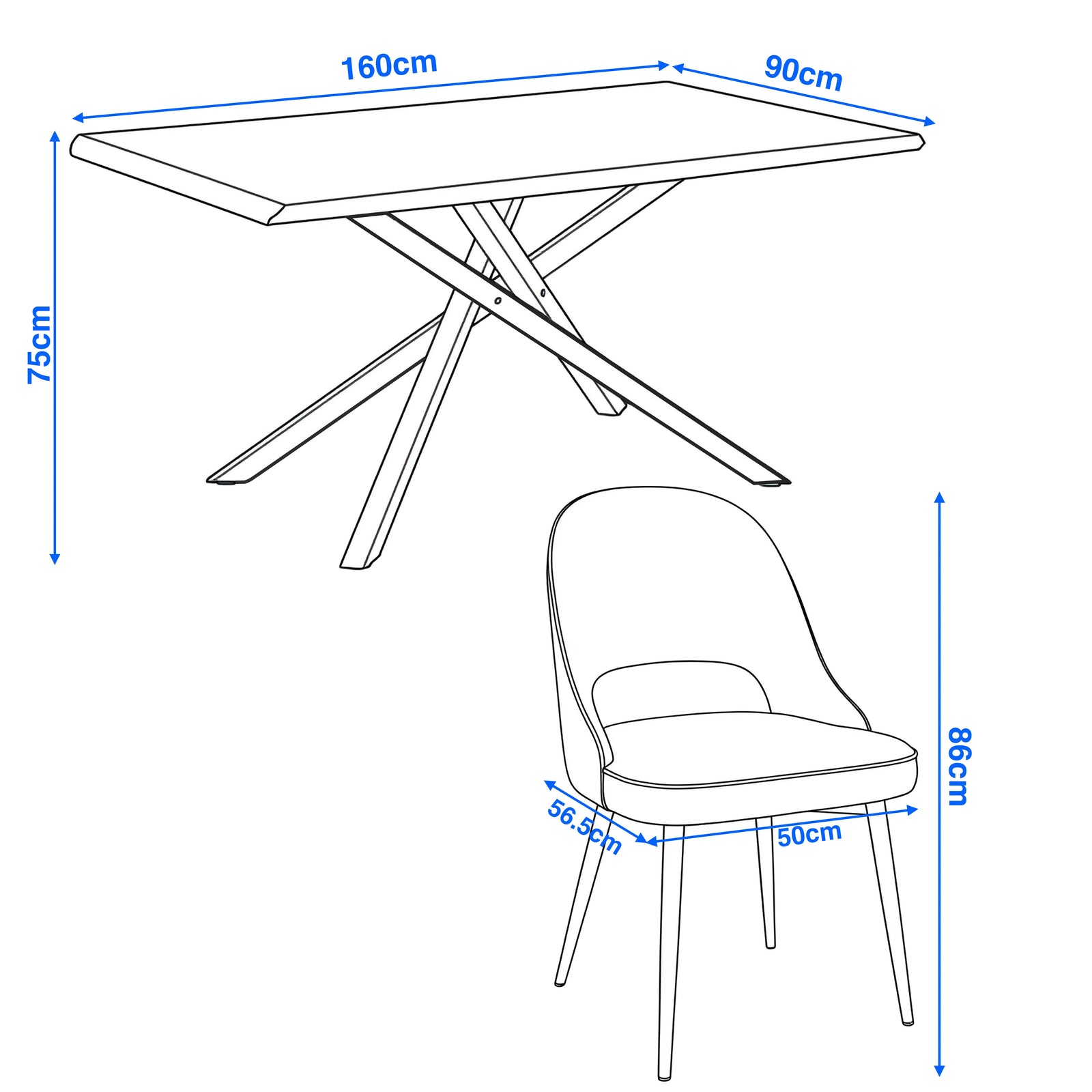 [4 Seater | Green] Xylon dining diagram: 160x90x75cm oak table with green curve-back chair sized 56.5x50x86cm