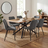 Xylon modern dining table with 6 grey fabric chairs, designed with a black metal cross base and wooden tabletop for a sleek dining room look.