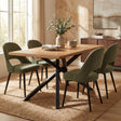 [4 Seater | Green] Xylon oak dining table with 4 green curved-back chairs, ceramic vase of foliage on top