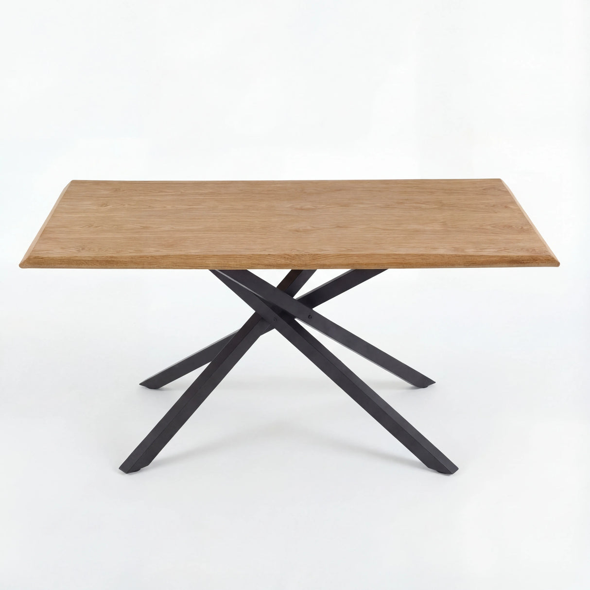 Wooden dining table with a minimalist design and black metal legs, perfect for modern dining rooms.