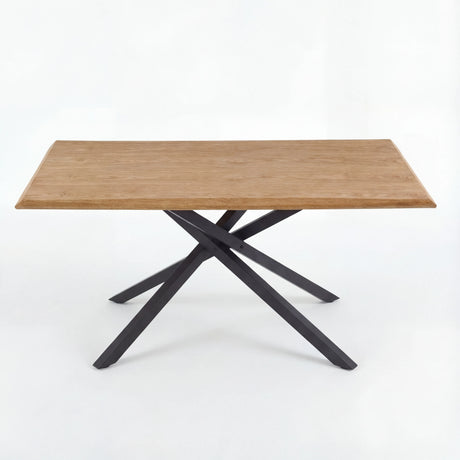 Wooden dining table with a minimalist design and black metal legs, perfect for modern dining rooms.