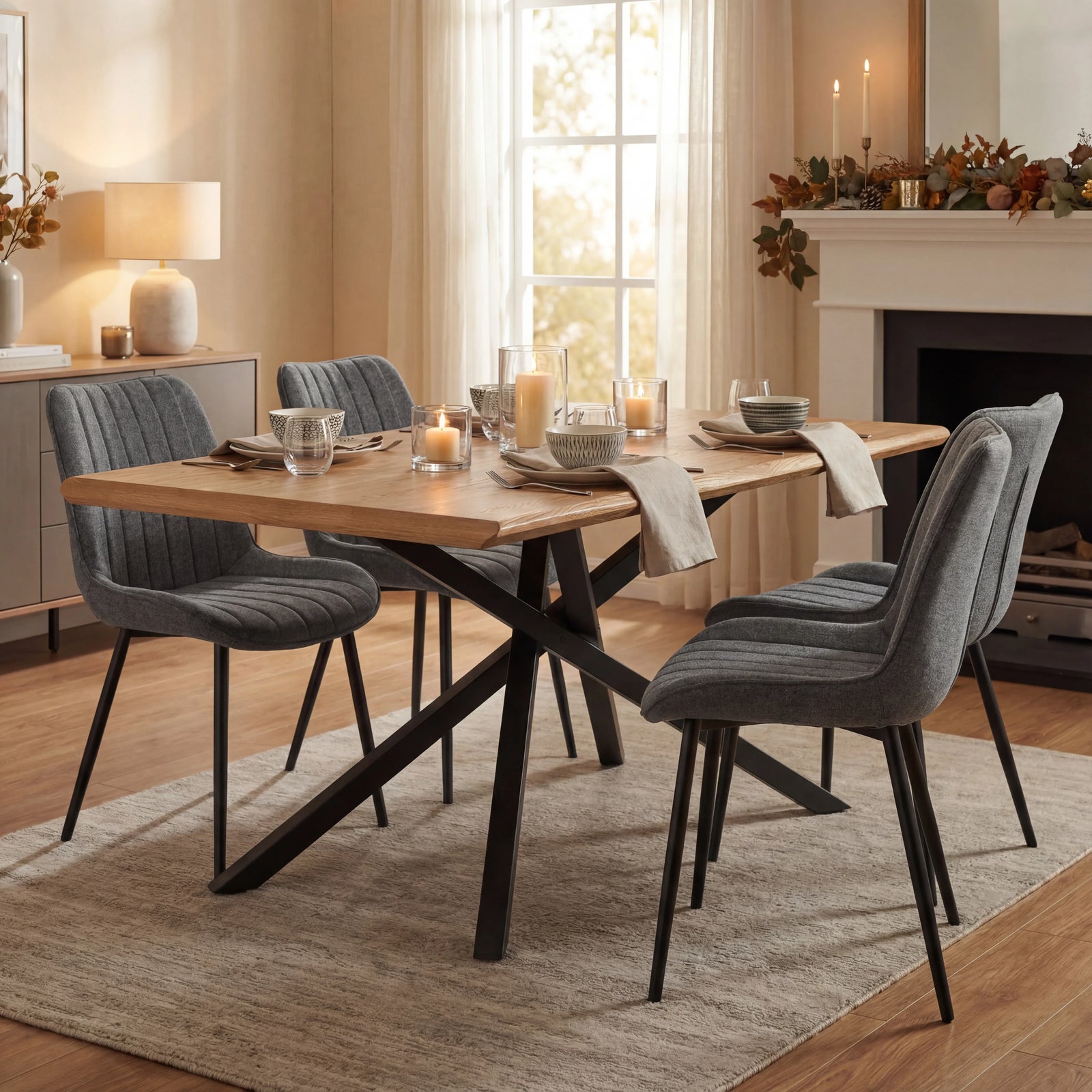 [4 Seater | Grey] Holiday-dressed Xylon dining table with 4 grey chairs, candles and place settings on oak surface