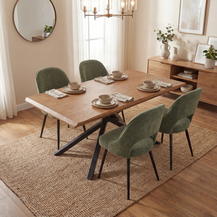 [4 Seater | Green] Xylon oak table with 4 green upholstered chairs, four mugs and place settings on top