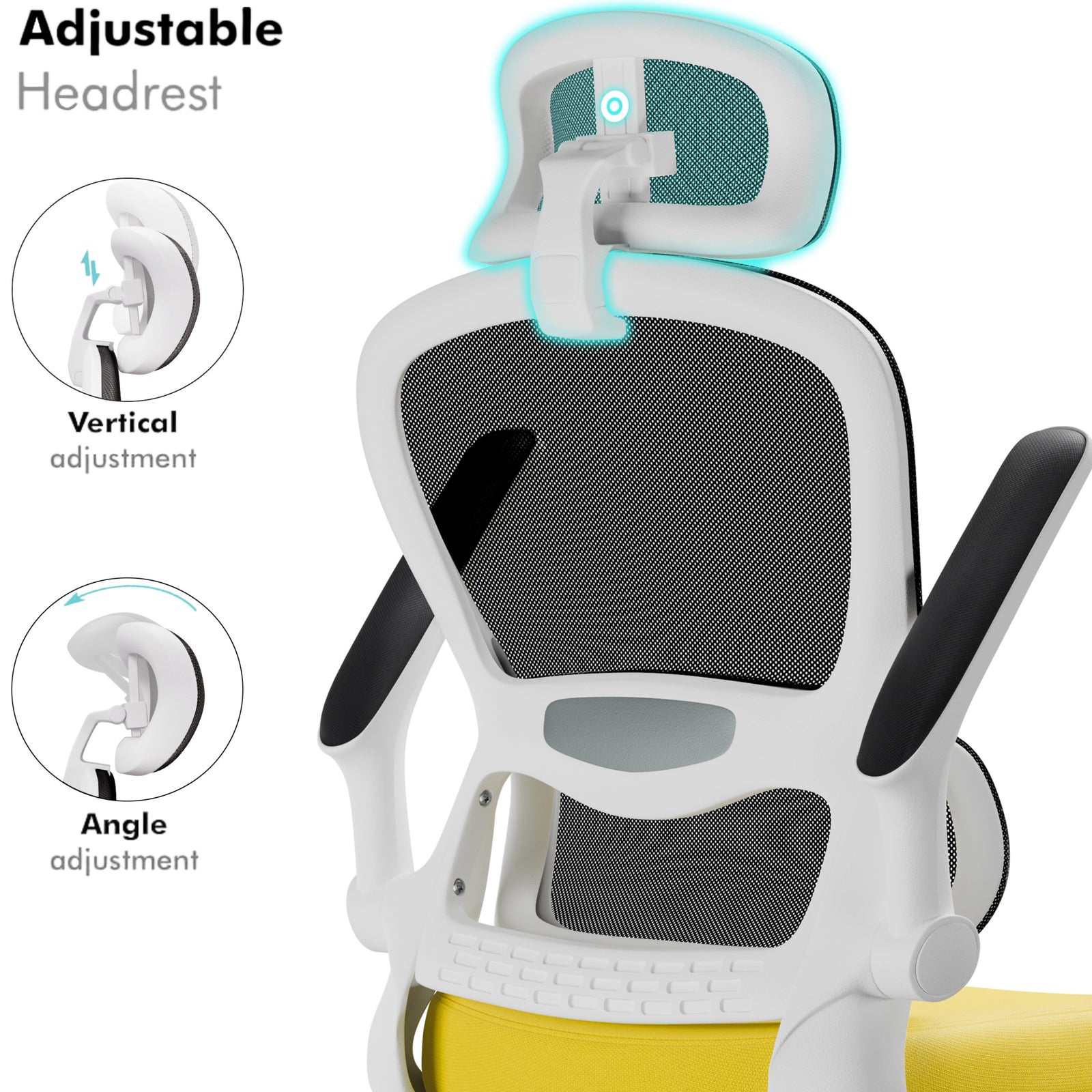 [Yellow + Black] Yellow and black spinny chair with moving headrest, 360-degree swivel and smooth rolling wheels for easy movement.