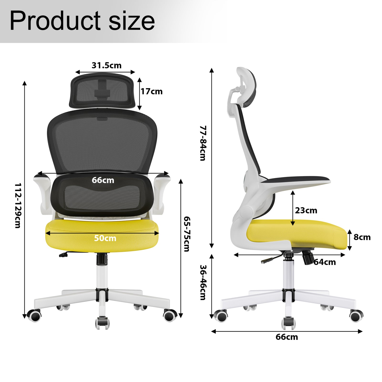 [Yellow + Black] Dimensions of Yellow and black mesh chair with ergonomic S-shaped back : seat width 50cm, depth 64cm and height  112-129cm.