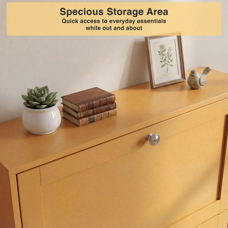 Yellow entryway shoe storage cabinet top surface styled with decor highlighting additional functional space