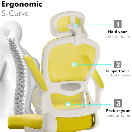 Yellow home desk chair with breathable mesh back, ergonomic design, and rocking function.