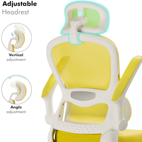 Yellow home office chair with movable headrest, swivel base, and sturdy five-wheel support.