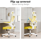Bright yellow comfy office chair with breathable mesh, flip-up arms, and adjustable headrest.