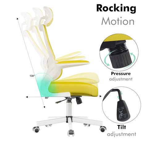 rocking yellow ergonomic office desk chair with flip-up arms and mesh backrest for ventilation.