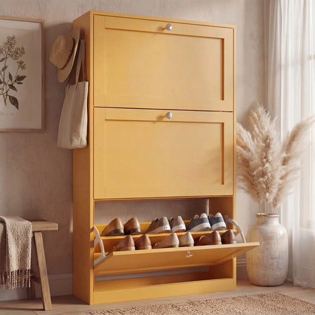 Yellow modern hallway shoe organiser angled view with lower open rack for quick-access daily footwear