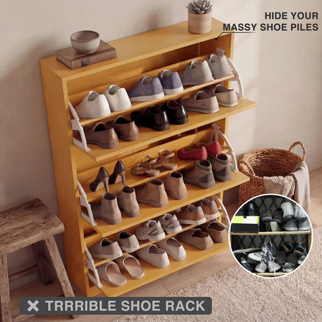 Yellow multi-tier shoe organiser shelf detail displaying angled storage for multiple footwear types