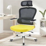 Shop yellow office chair with arms, featuring black and white armrest for comfort.