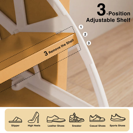 Yellow shoe organiser with three-position adjustable shelf mechanism for customised footwear height spacing