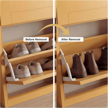 Yellow pull-down shoe drawer interior structure view with removable divider for boots and taller shoes
