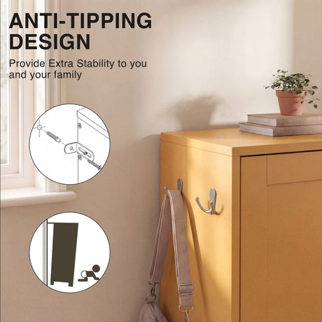 Yellow shoe cabinet anti-tipping safety design with wall anchoring hardware for added household stability
