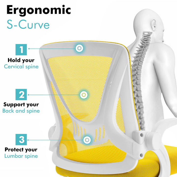 [Yellow] Yellow lumbar support chair with ergonomic design and breathable mesh backrest, improving posture.