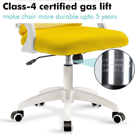 Yellow computer chair with SGS-4 certified gas piston, providing smooth and secure height adjustments.
