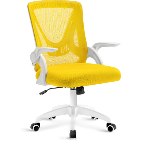 Yellow ergonomic desk chair with mesh backrest, padded seat, and adjustable height for maximum comfort.