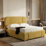Yellow fabric double bed frame with softly rounded vertical headboard in a neutral bedroom setting