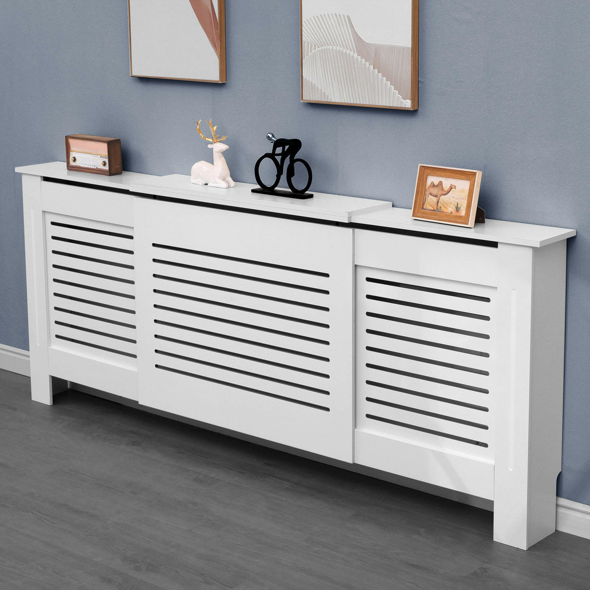 Adjustable radiator covers white with horizontal slats, stylish design for modern interiors.