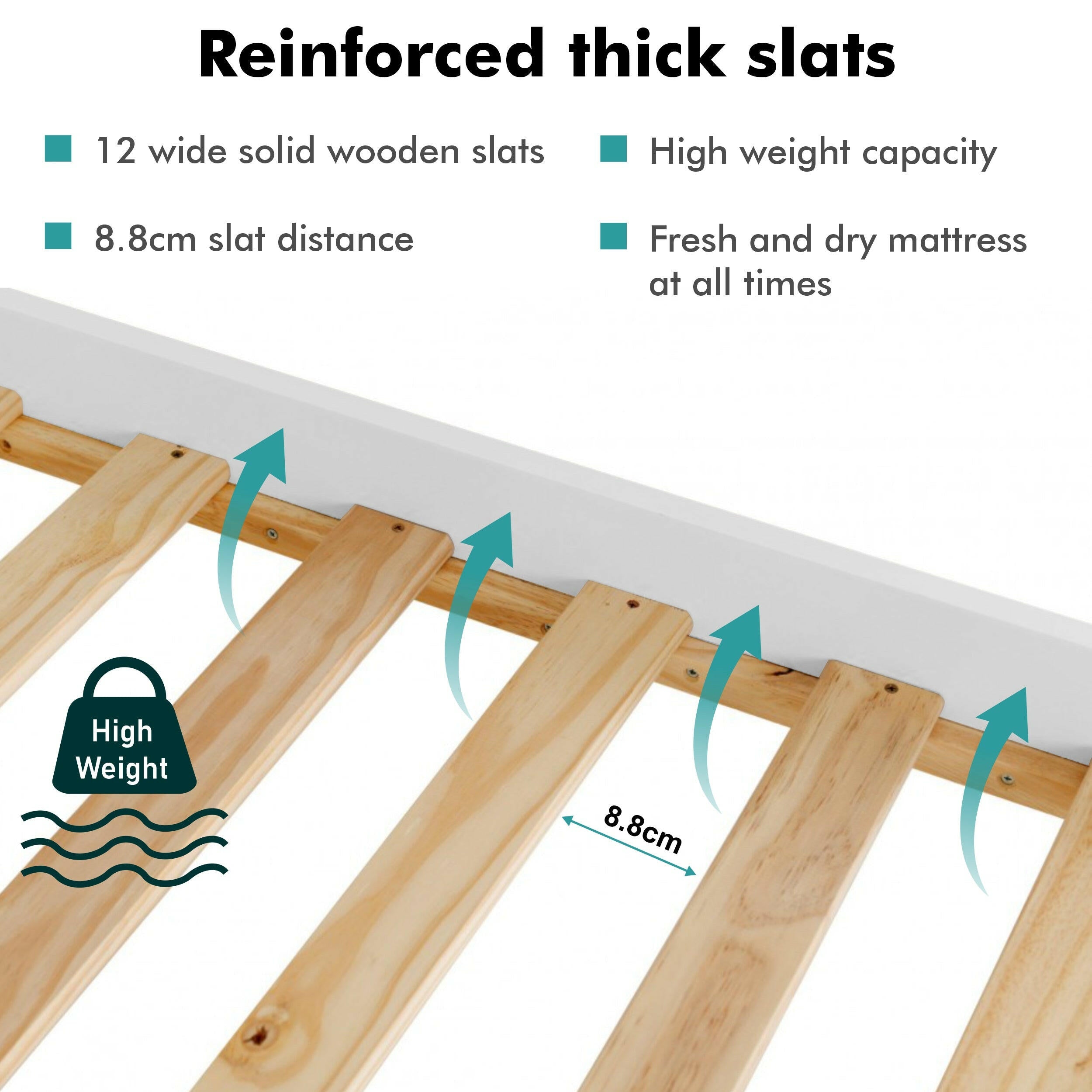 Bed frame king size with reinforced wooden slats, 8.8cm spacing, and high weight capacity