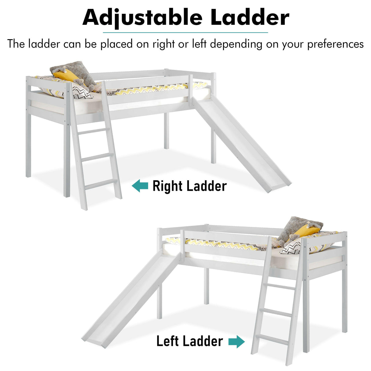 Bunk bed with a slide and adjustable ladder, offering fun and flexible sleeping solutions for kids.