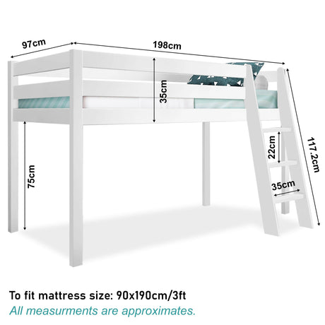 Bunk bed with steps and dimensions, providing a practical and stylish space-saving solution.