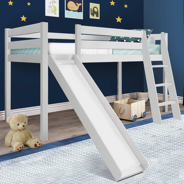 Bunk beds with a slide, providing fun and functional sleeping space for kids, perfect for playtime.