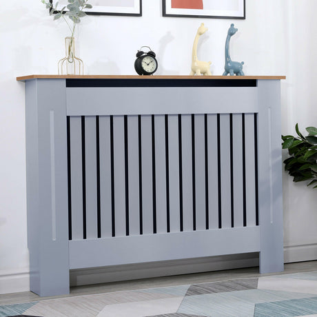 Designer radiator covers with vertical slats, oak top, and stylish modern design.