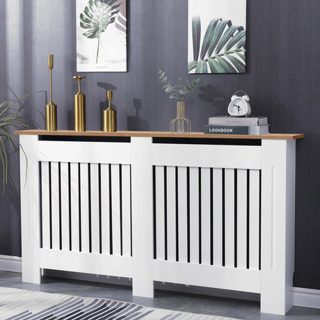 Heat radiator covers with vertical slats, oak wood top, and white modern finish.