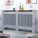 Heating radiator covers with grey vertical slats, oak wood top, and modern design.