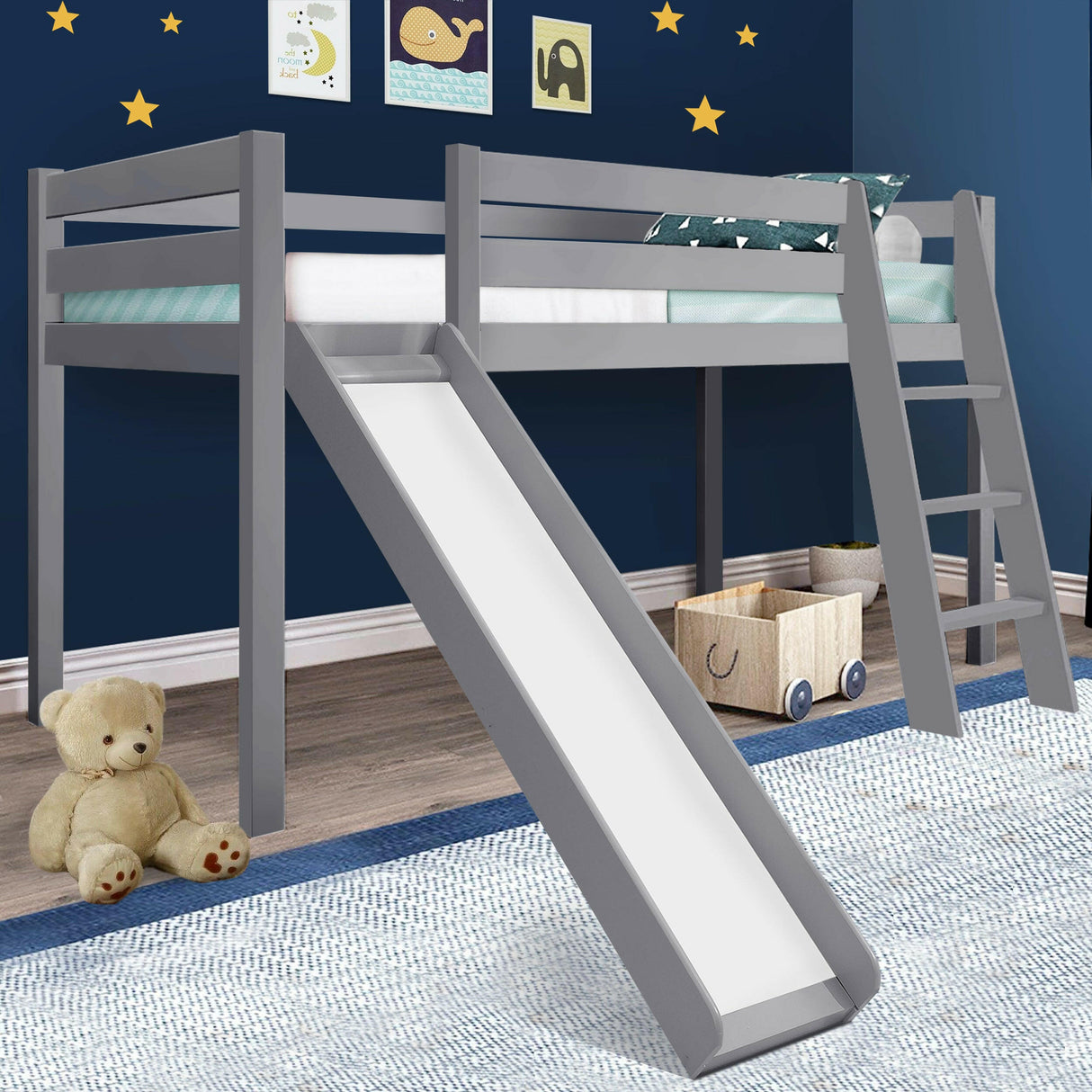 Kids bunk bed with a slide, designed for fun and space-saving, perfect for active children’s rooms.