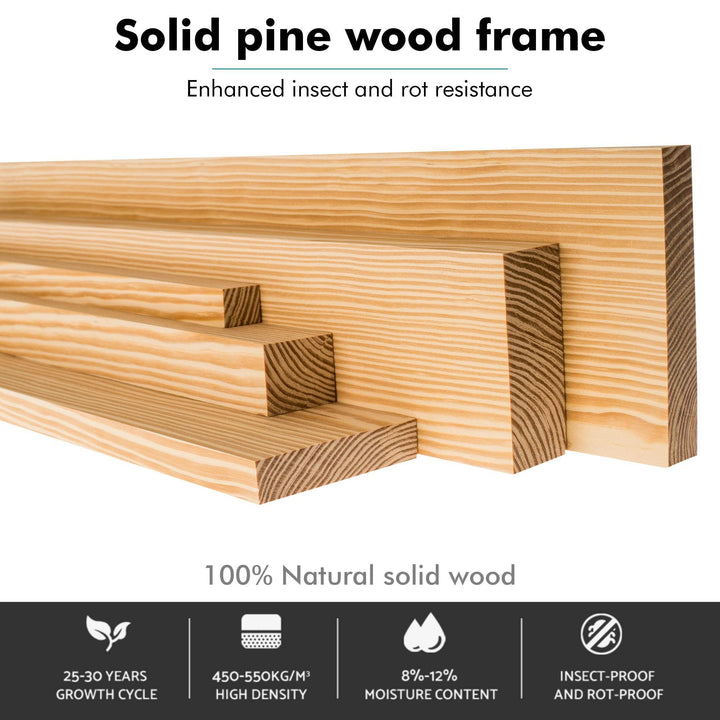 [White + Pine | King] Detail white shaker footboard with pine cap on king size wooden bed frame beside a window
