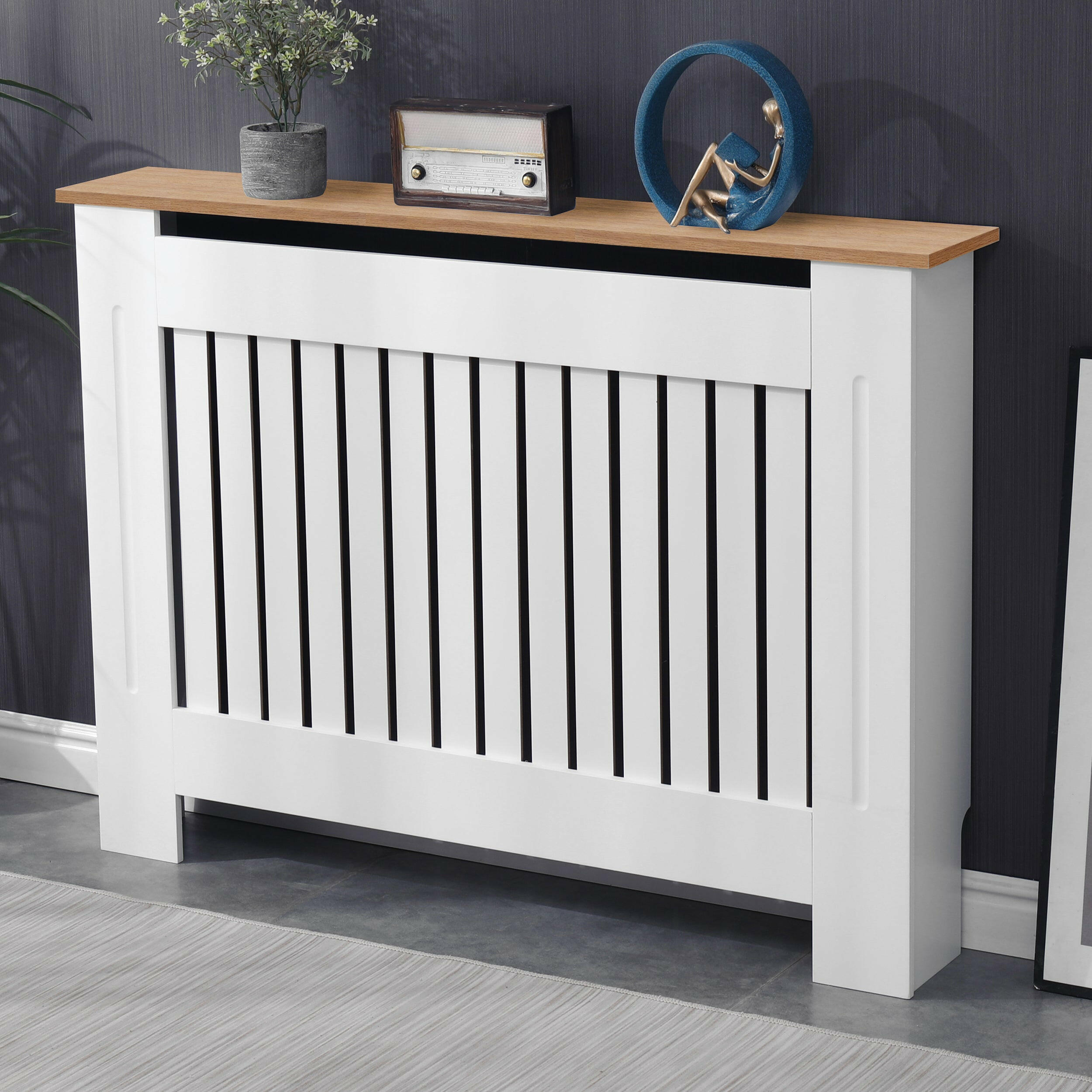 Luxury modern radiator covers extra large with vertical slats, oak top, and white modern finish.