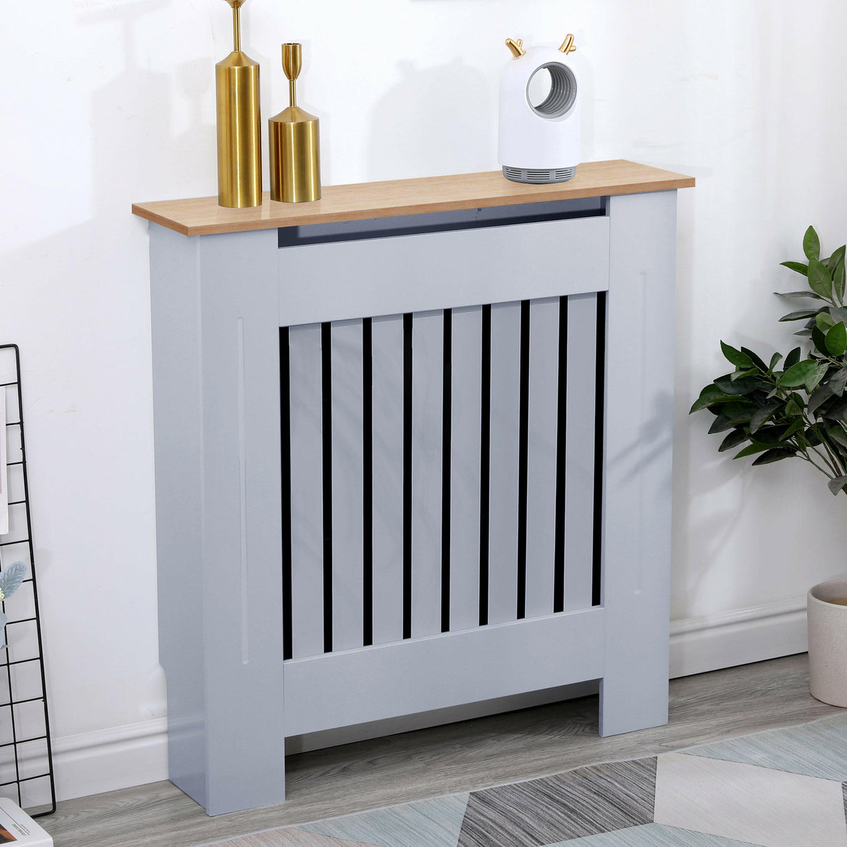 Luxury radiator covers grey with vertical slats, oak wood top, and modern decorative design.