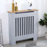 Luxury radiator covers grey with vertical slats, oak wood top, and modern decorative design.