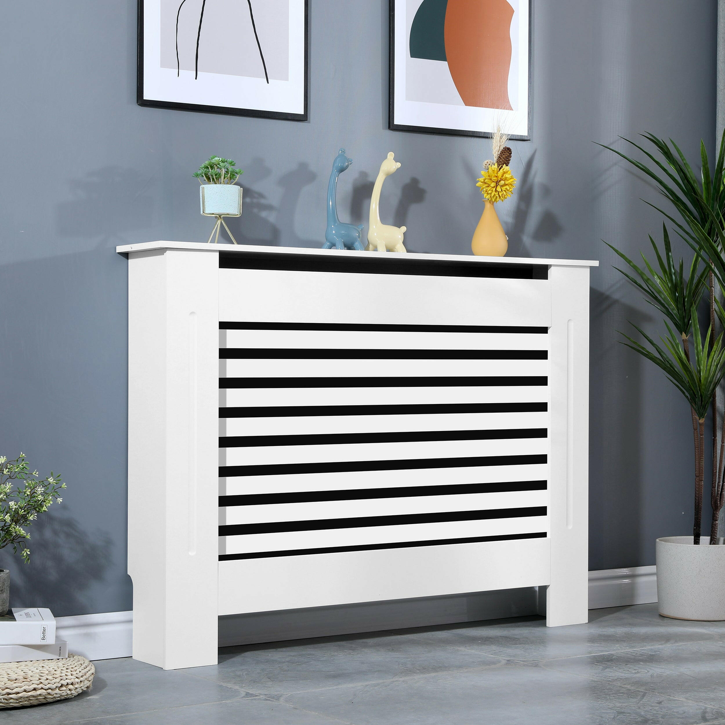 Medium white radiator covers with horizontal slats and sleek design for modern interiors