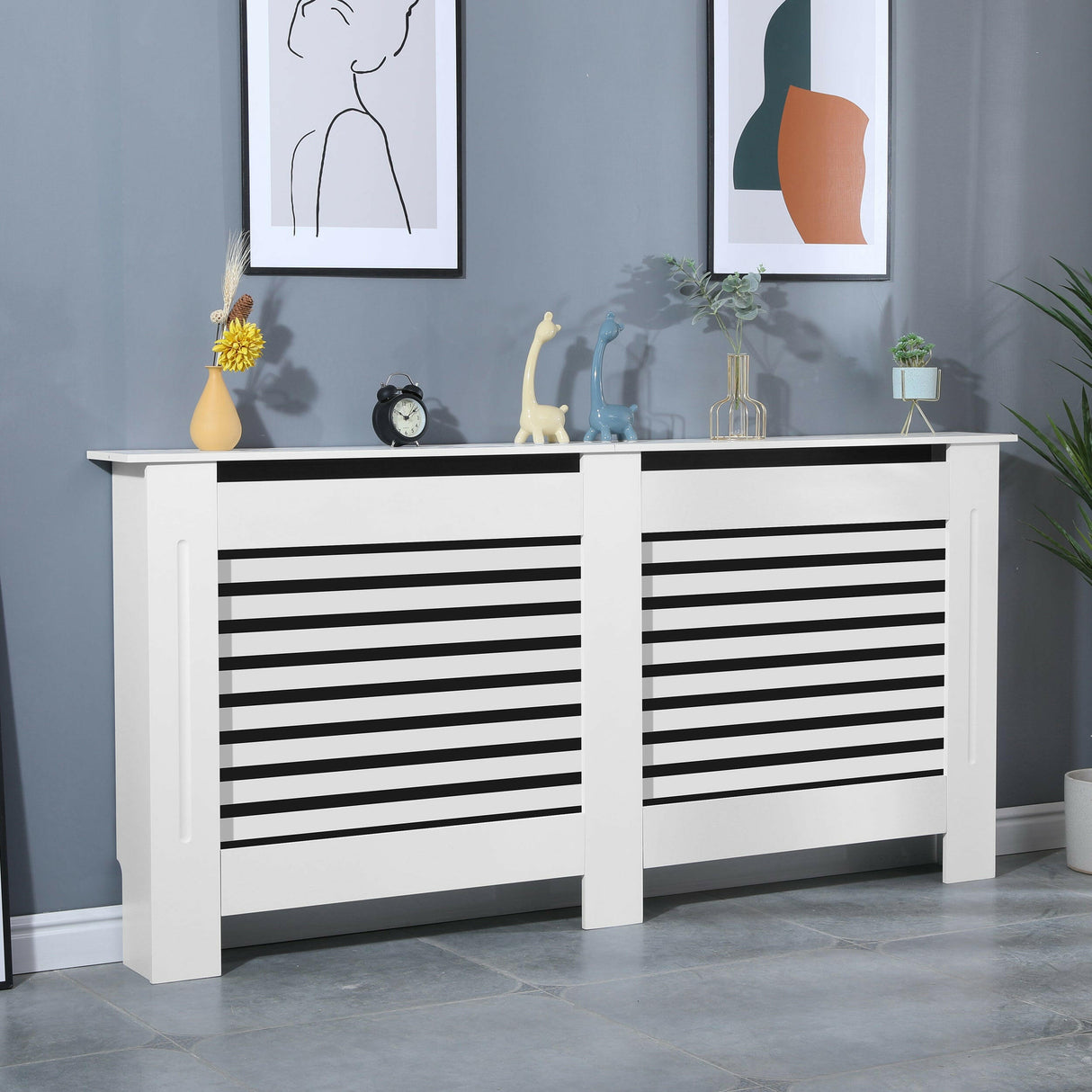 Modern white modern radiator covers with horizontal slats and sleek design.