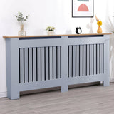 New radiator covers with grey vertical slats, oak wood top, and modern design.