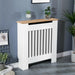 Radiator cover covers with white slatted design and oak wood top for compact spaces.